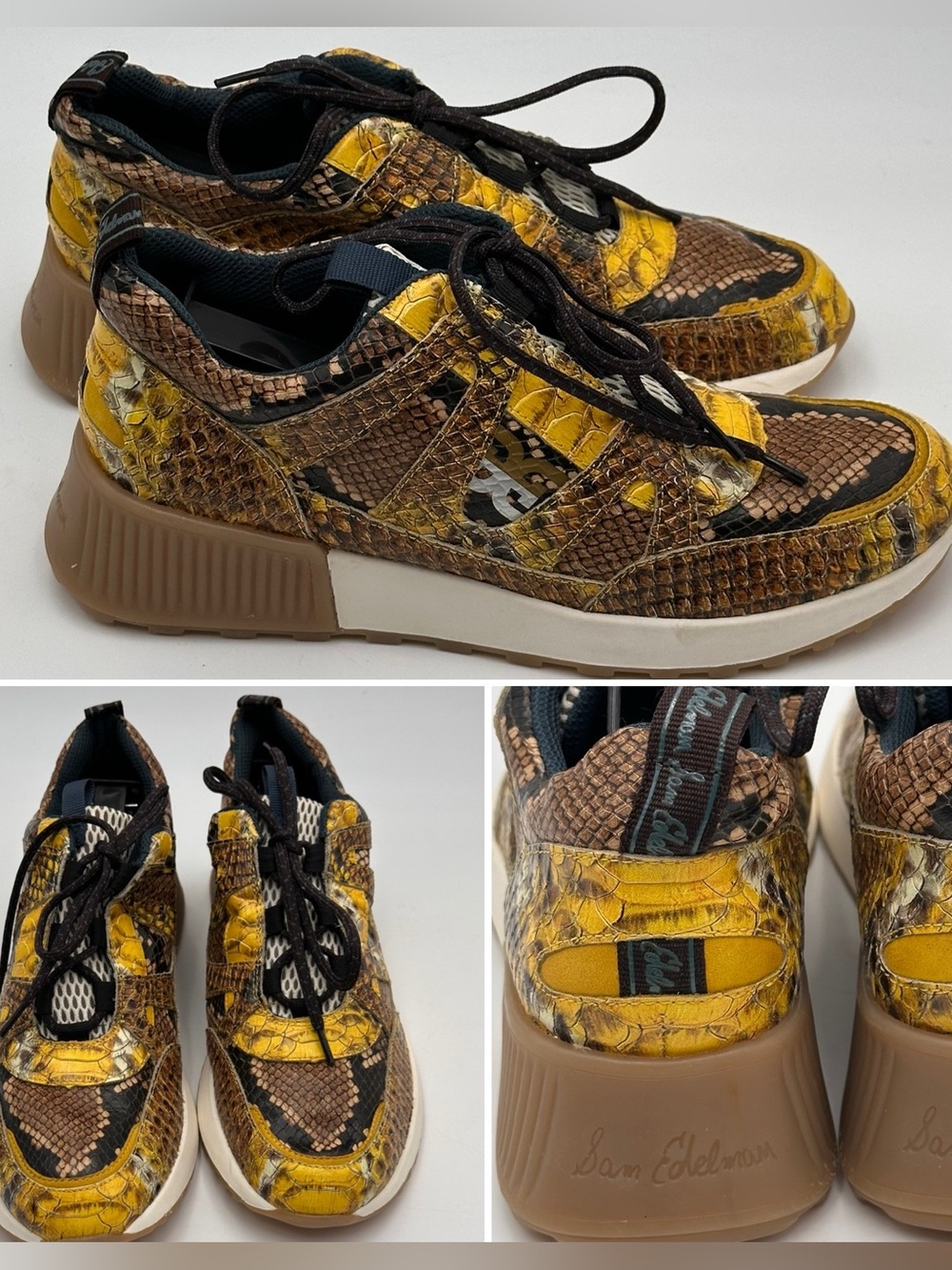 SAM EDELMAN SNEAKERS WOMENS SZ 8 DANLEY JOGGER YELLOW SNAKE PRINT LACE UP SHOES